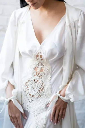 Highlands Silk Satin Chiffon Victorian Silk Robe with Bishop Sleeves and Asymmetric Hem