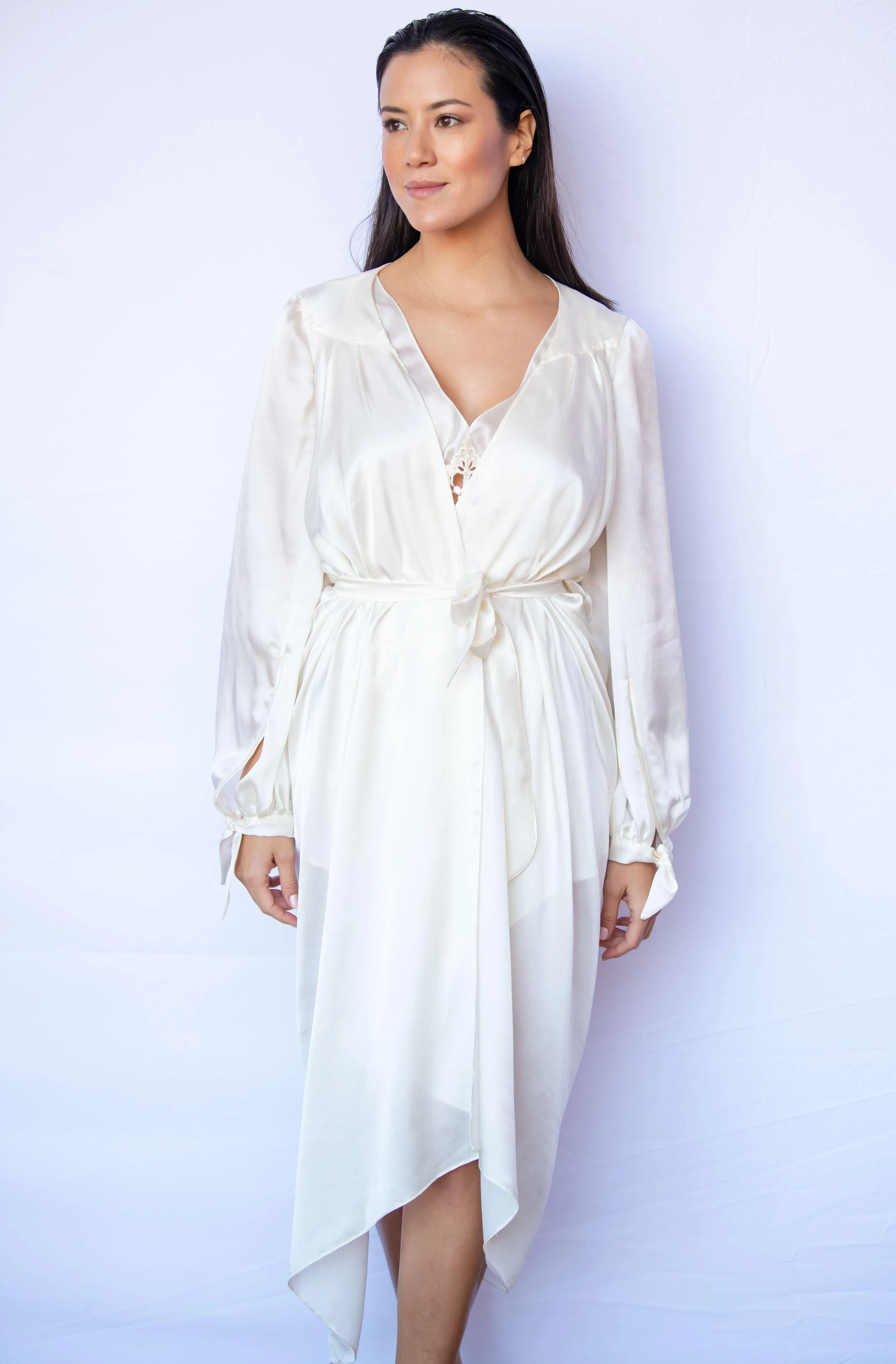 Highlands Silk Satin Chiffon Victorian Silk Robe with Bishop Sleeves and Asymmetric Hem