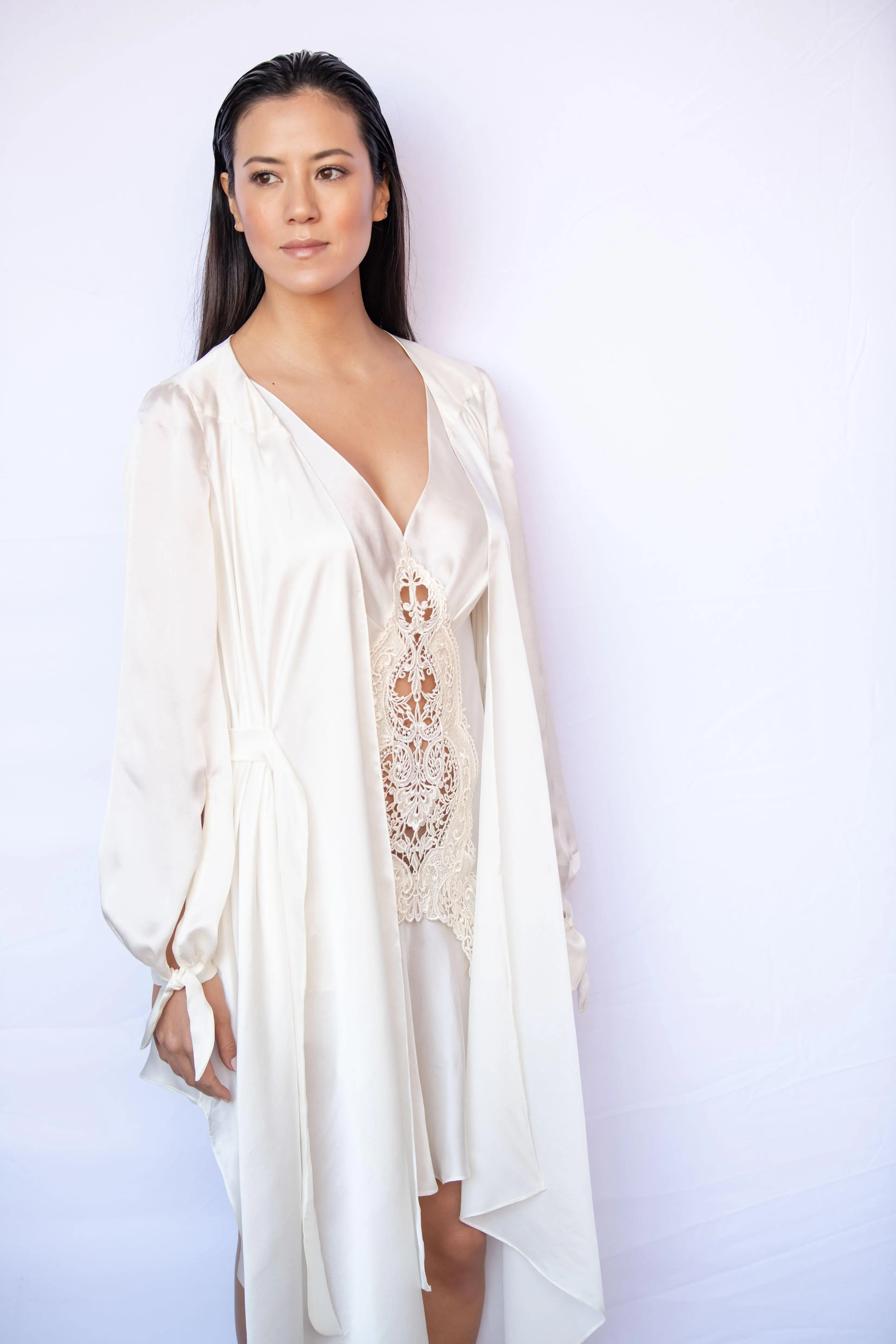 Highlands Silk Satin Chiffon Victorian Silk Robe with Bishop Sleeves and Asymmetric Hem