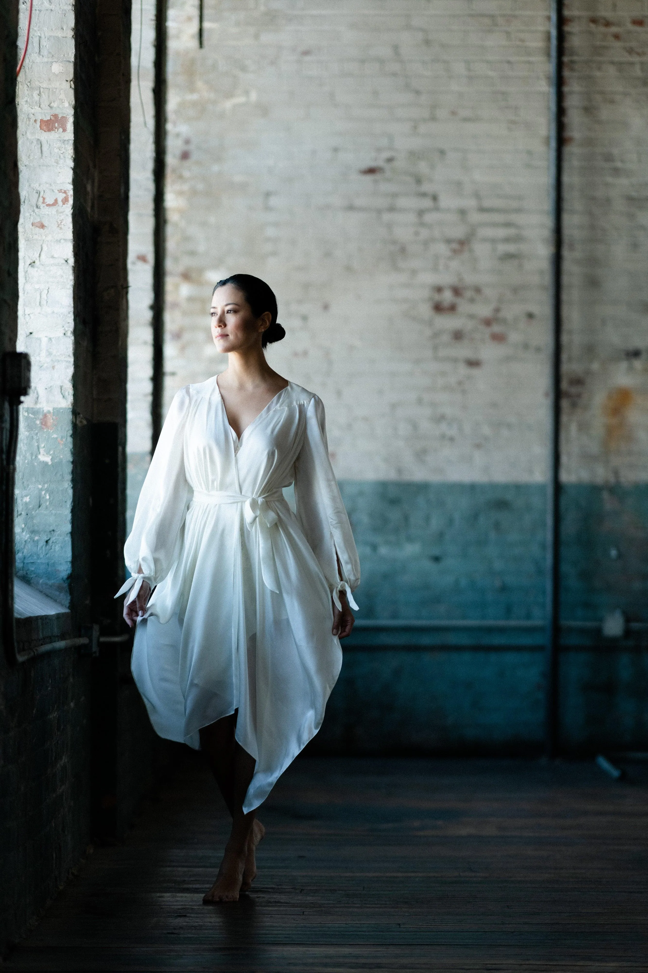 Highlands Silk Satin Chiffon Victorian Silk Robe with Bishop Sleeves and Asymmetric Hem