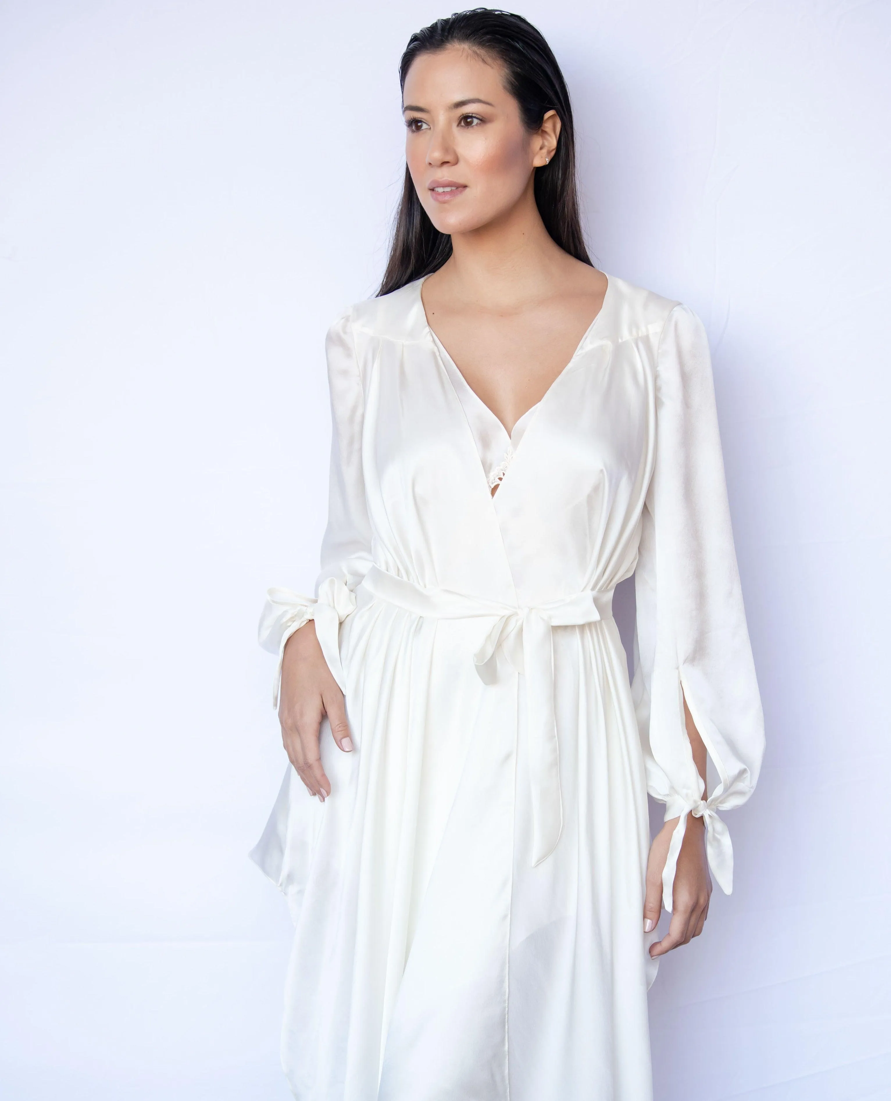 Highlands Silk Satin Chiffon Victorian Silk Robe with Bishop Sleeves and Asymmetric Hem