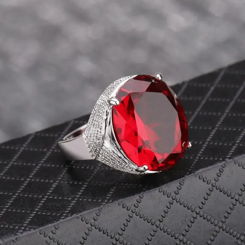 HOYON S925 Silver Color Egg-shaped Gemstone Ring Men and Women Engaged Jewelry Red Ruby Color Diamond Diamante Anillos Ring