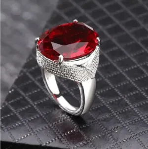 HOYON S925 Silver Color Egg-shaped Gemstone Ring Men and Women Engaged Jewelry Red Ruby Color Diamond Diamante Anillos Ring