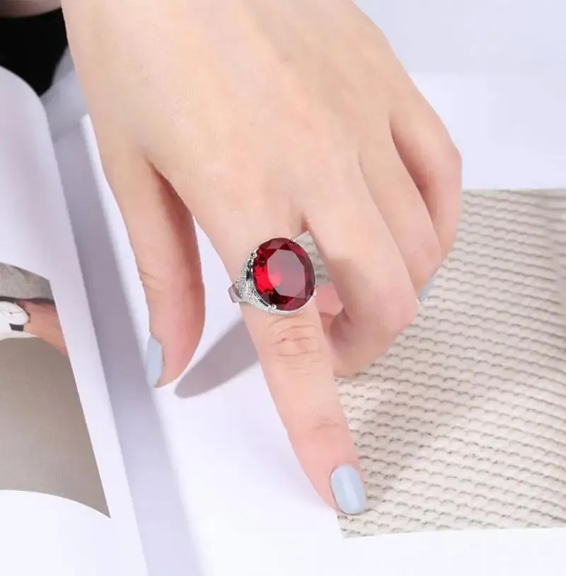 HOYON S925 Silver Color Egg-shaped Gemstone Ring Men and Women Engaged Jewelry Red Ruby Color Diamond Diamante Anillos Ring