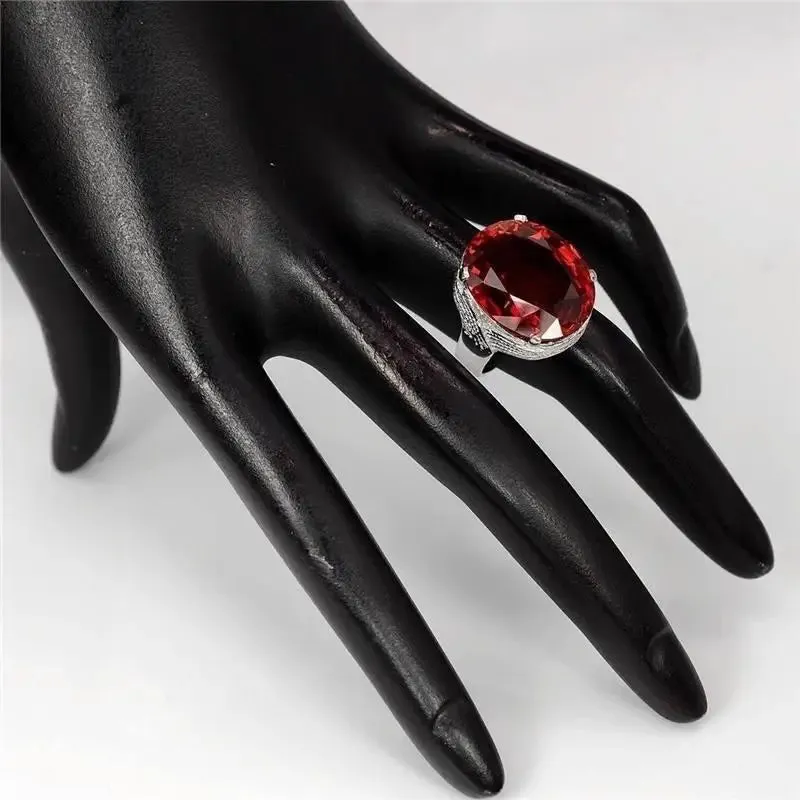 HOYON S925 Silver Color Egg-shaped Gemstone Ring Men and Women Engaged Jewelry Red Ruby Color Diamond Diamante Anillos Ring