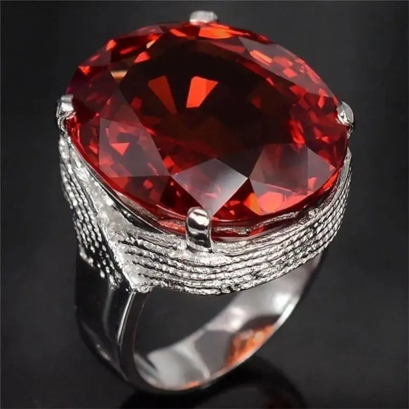 HOYON S925 Silver Color Egg-shaped Gemstone Ring Men and Women Engaged Jewelry Red Ruby Color Diamond Diamante Anillos Ring