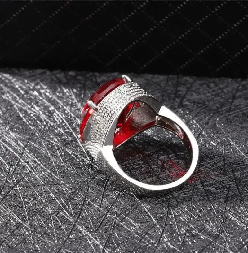 HOYON S925 Silver Color Egg-shaped Gemstone Ring Men and Women Engaged Jewelry Red Ruby Color Diamond Diamante Anillos Ring