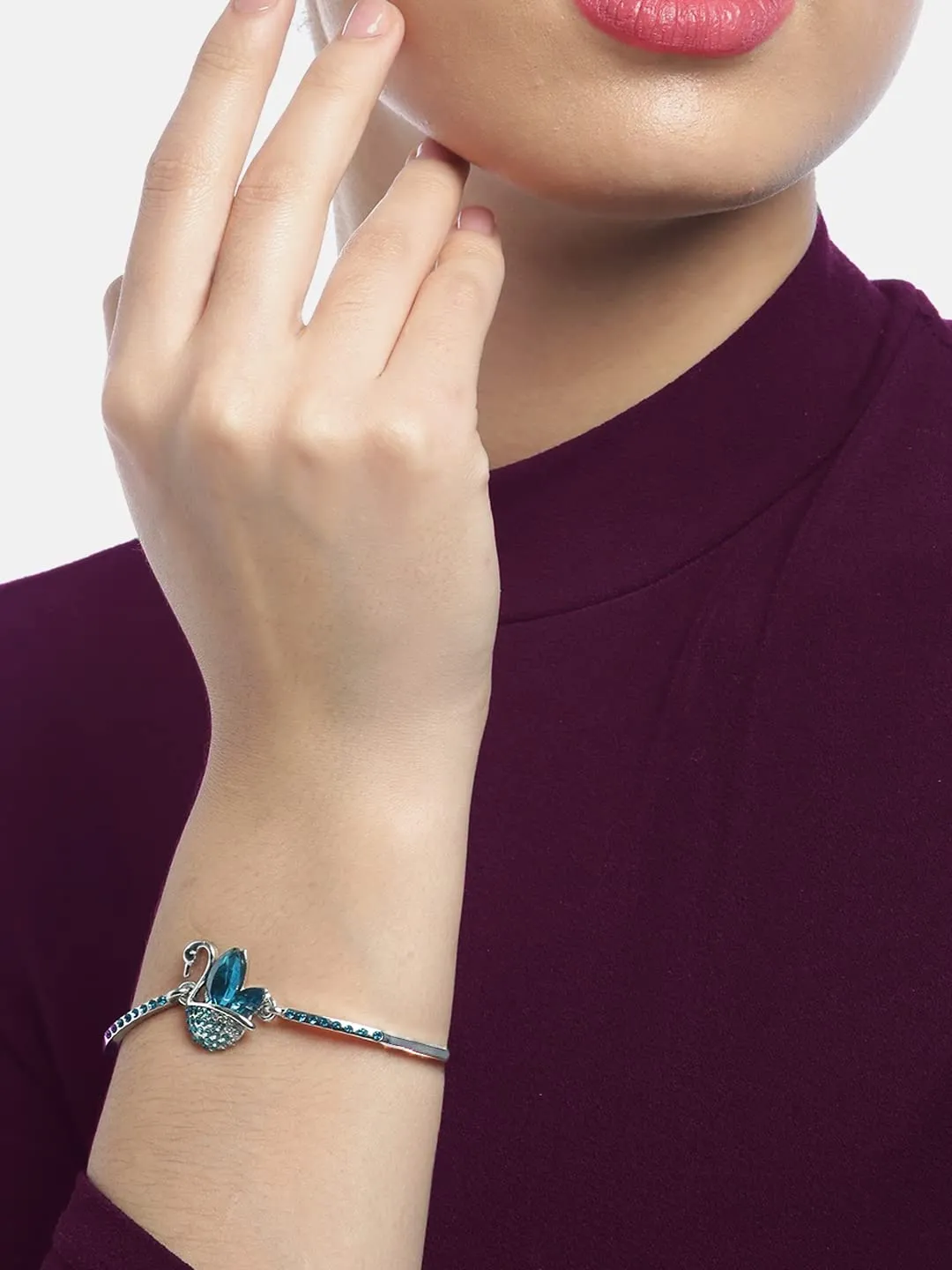 Kairangi Bracelet for Women and Girls Blue Crystal Swan Shaped Silver Toned Crystal Bracelet for Girls | Birthday Gift for Girls and Women Anniversary Gift for Wife