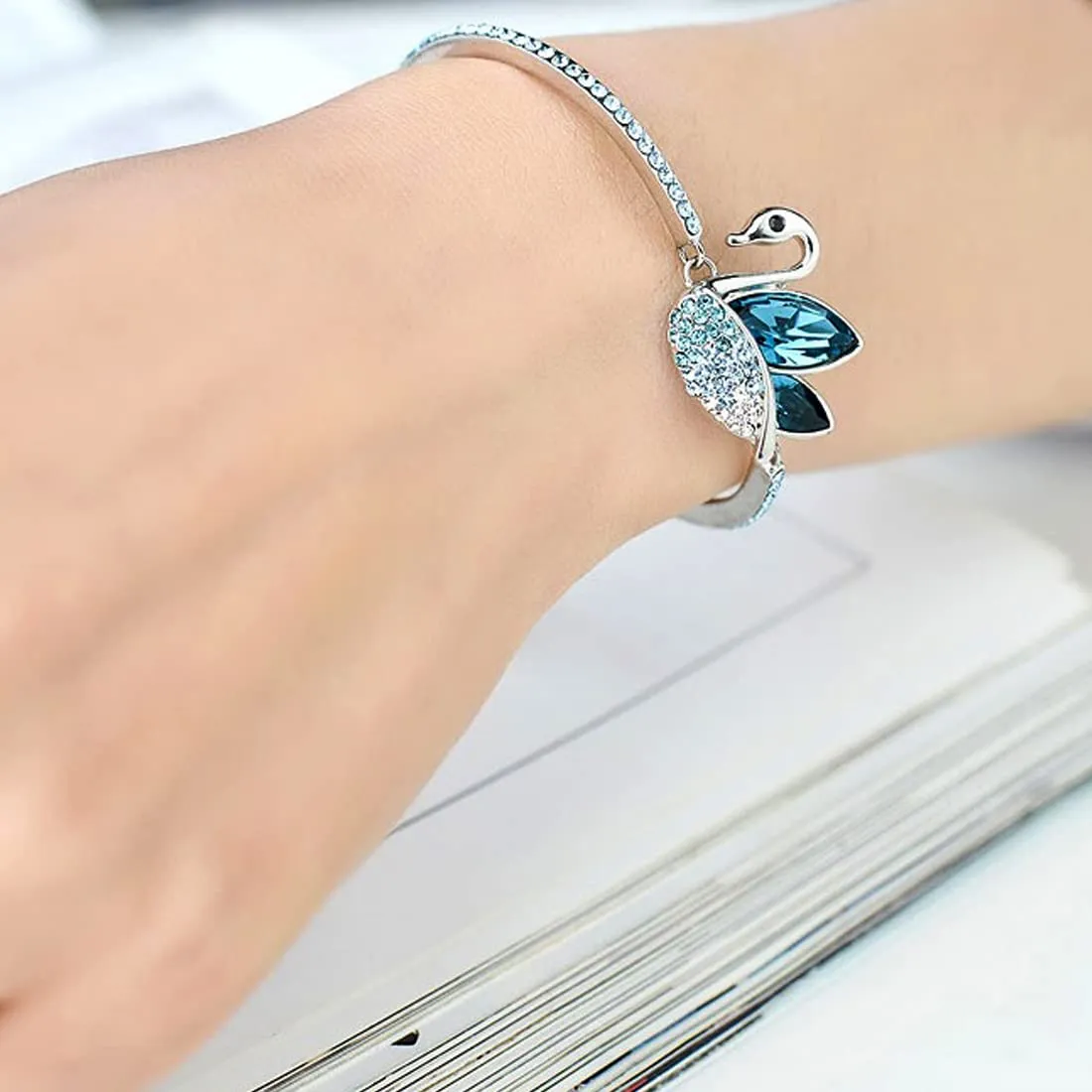 Kairangi Bracelet for Women and Girls Blue Crystal Swan Shaped Silver Toned Crystal Bracelet for Girls | Birthday Gift for Girls and Women Anniversary Gift for Wife