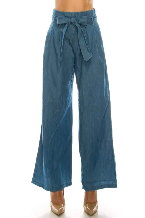 Loose fit high waist paper bag belted denim pants for women