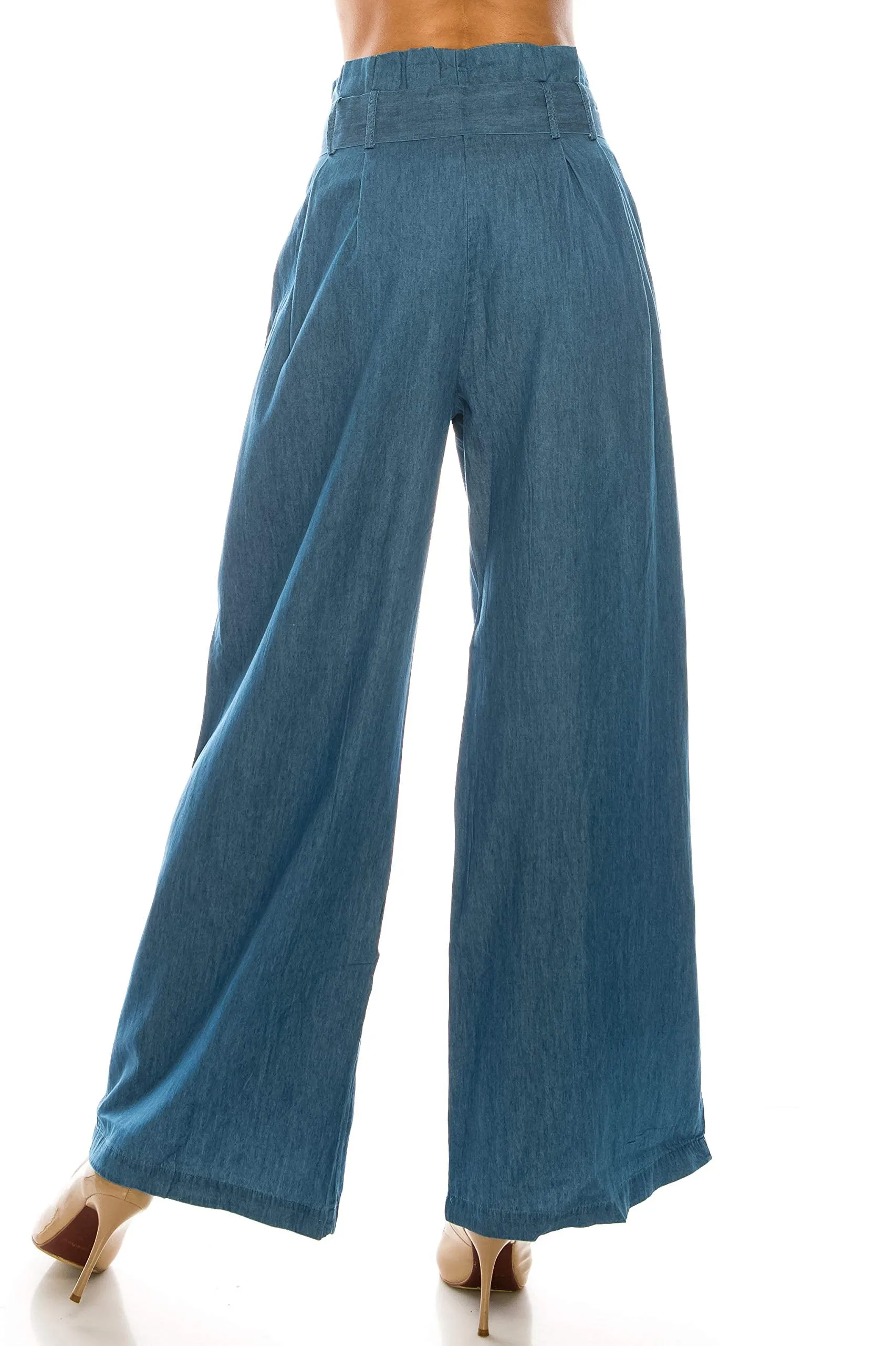 Loose fit high waist paper bag belted denim pants for women