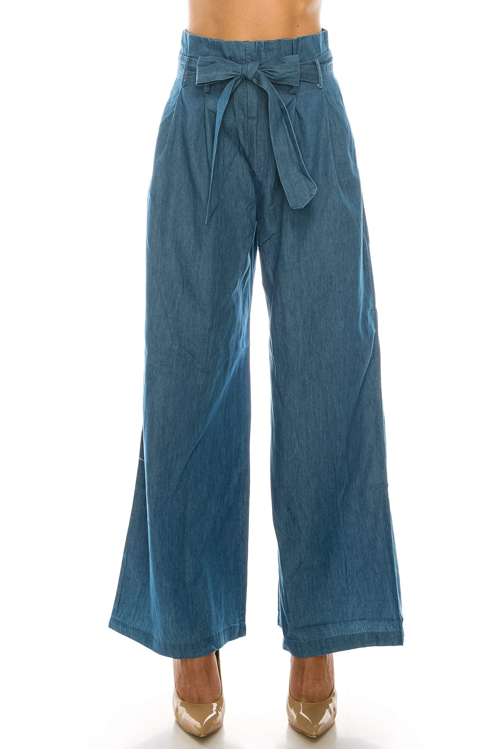 Loose fit high waist paper bag belted denim pants for women