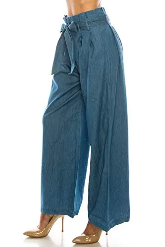 Loose fit high waist paper bag belted denim pants for women