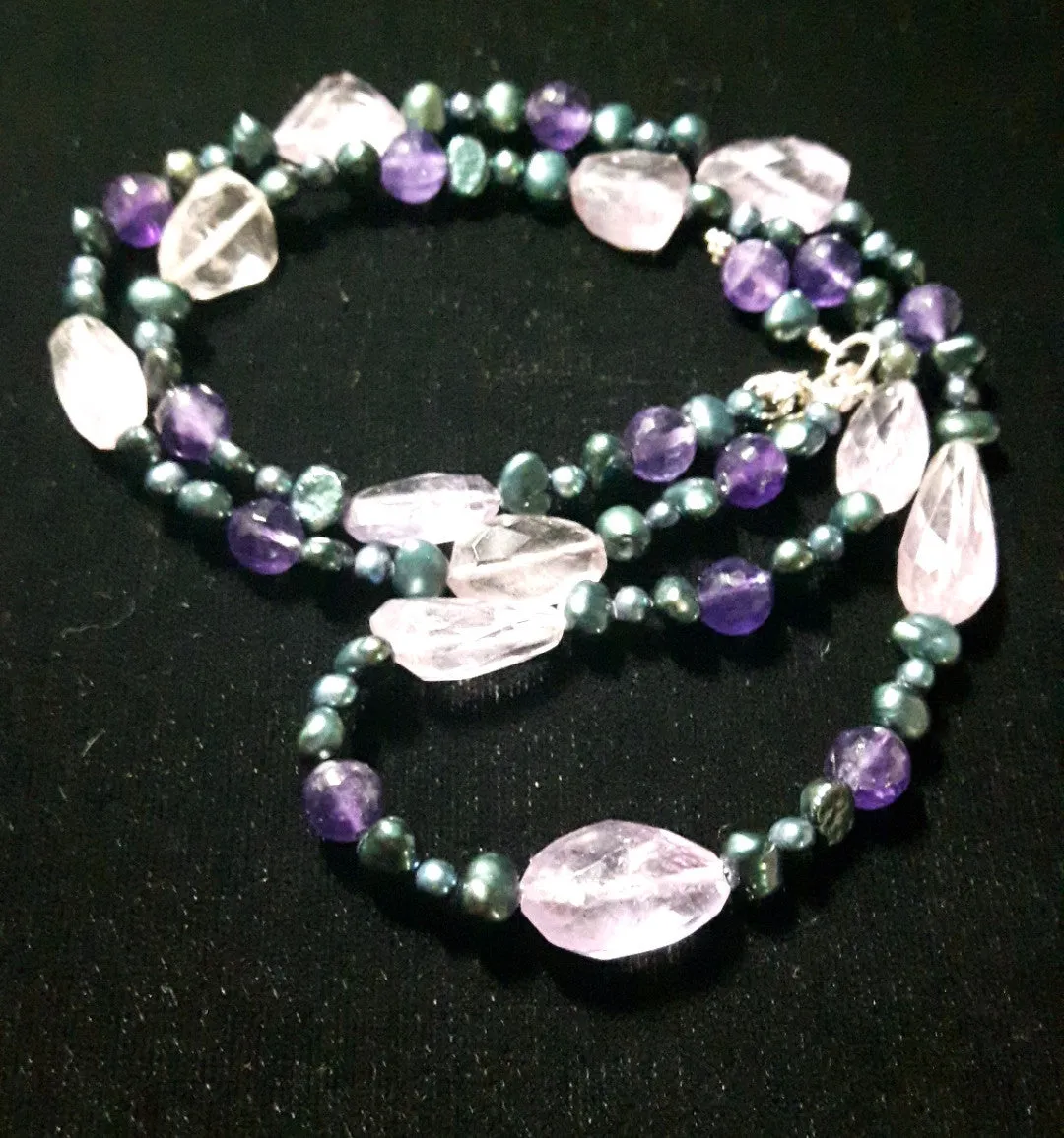Luxurious Amethyst, Blue Pearl Silver Necklace