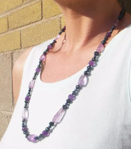Luxurious Amethyst, Blue Pearl Silver Necklace