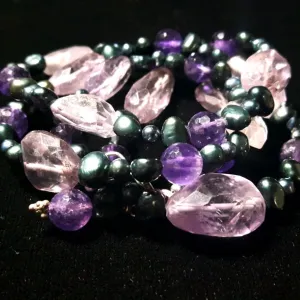 Luxurious Amethyst, Blue Pearl Silver Necklace