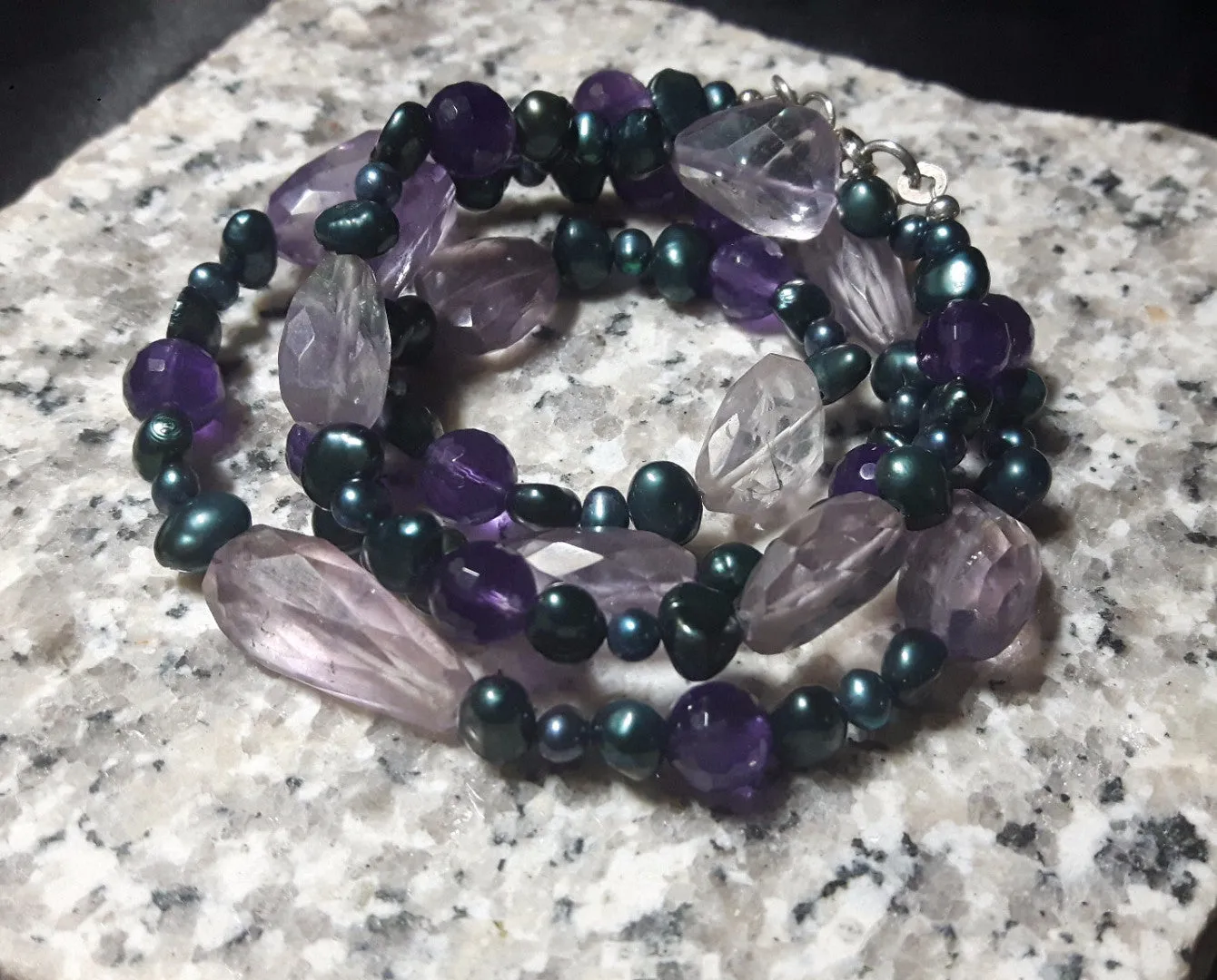 Luxurious Amethyst, Blue Pearl Silver Necklace
