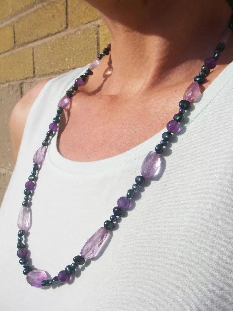 Luxurious Amethyst, Blue Pearl Silver Necklace