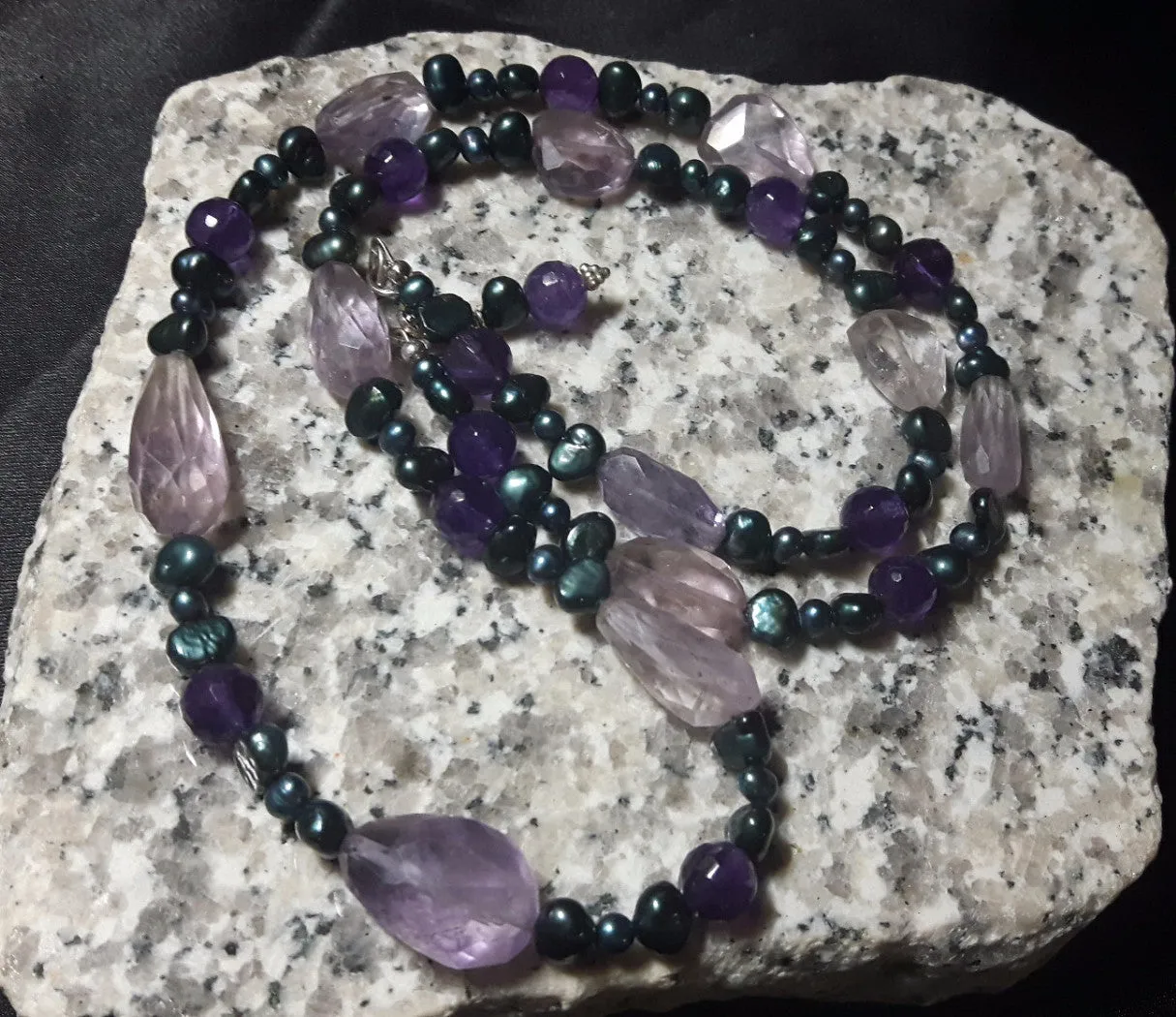 Luxurious Amethyst, Blue Pearl Silver Necklace