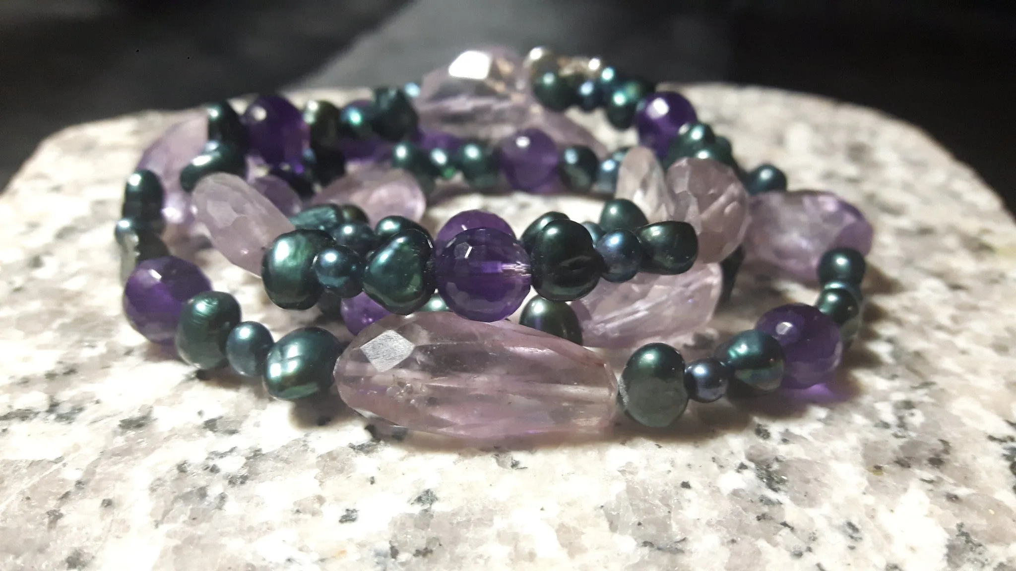 Luxurious Amethyst, Blue Pearl Silver Necklace