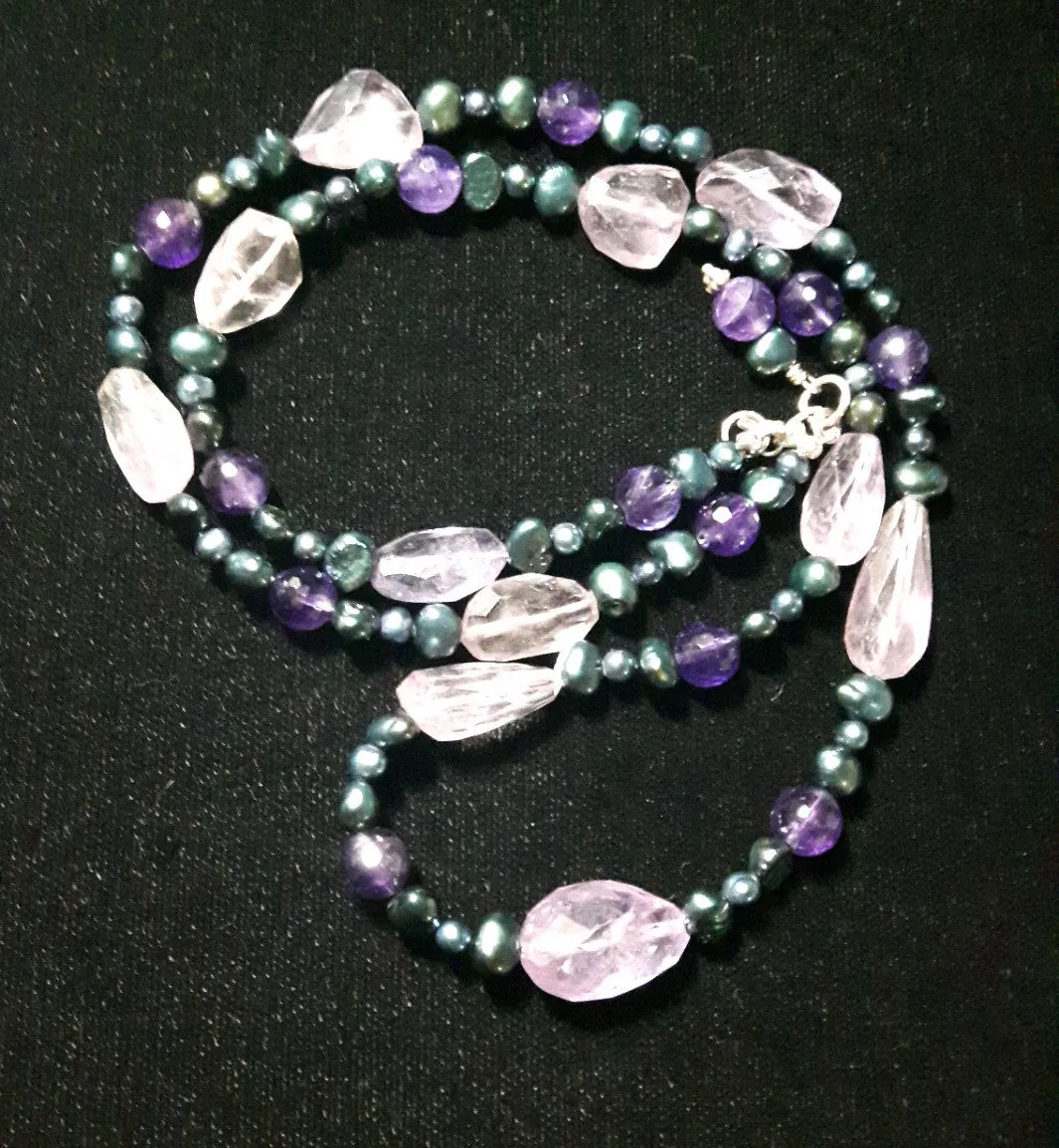 Luxurious Amethyst, Blue Pearl Silver Necklace