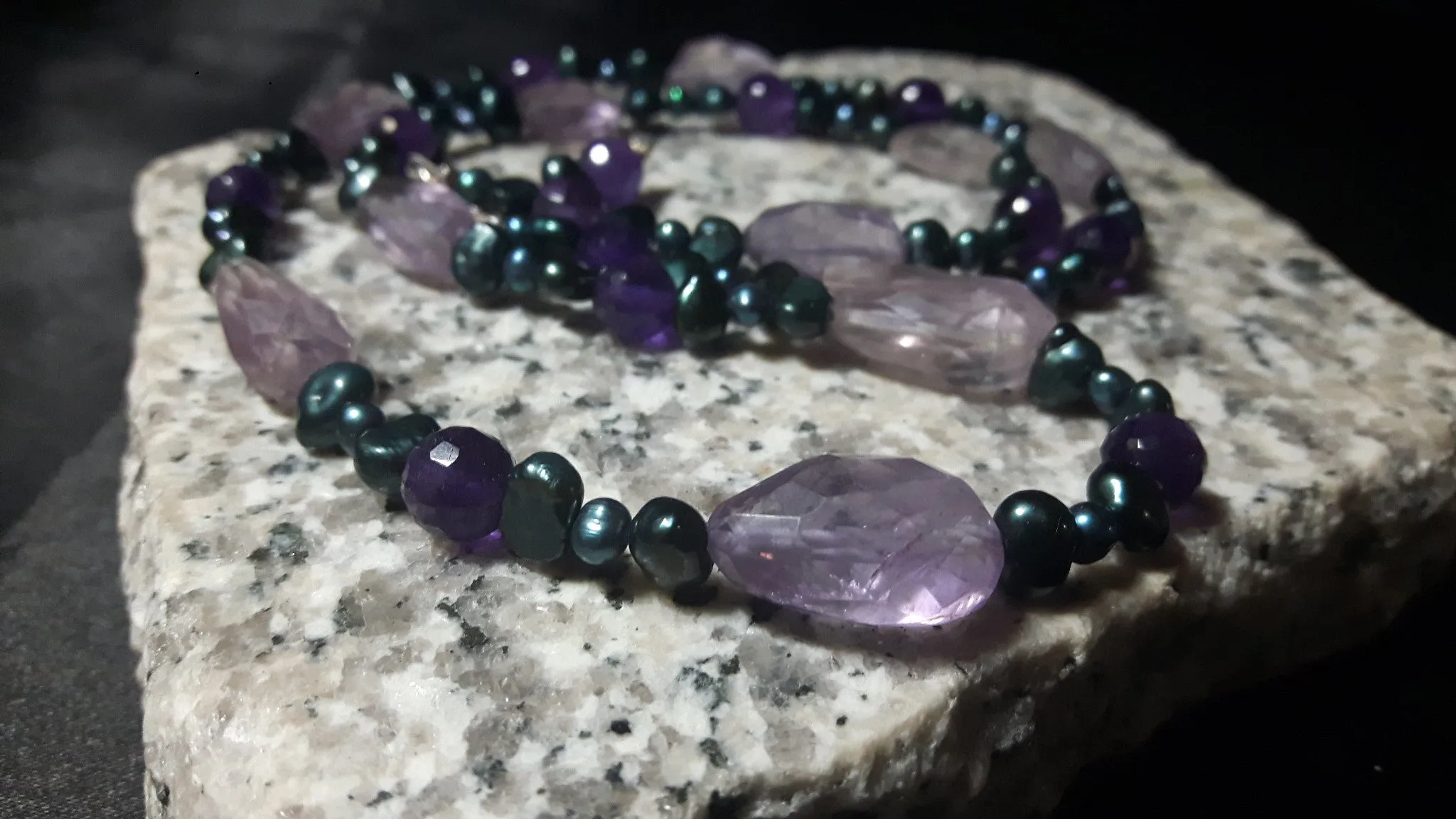 Luxurious Amethyst, Blue Pearl Silver Necklace