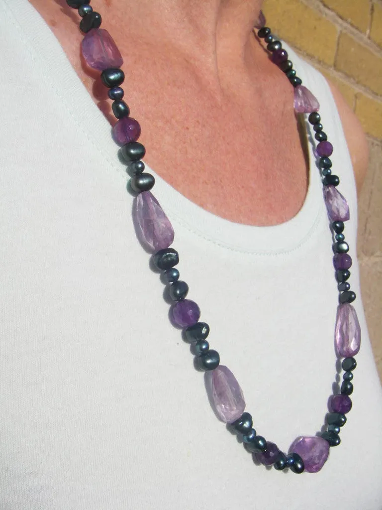 Luxurious Amethyst, Blue Pearl Silver Necklace