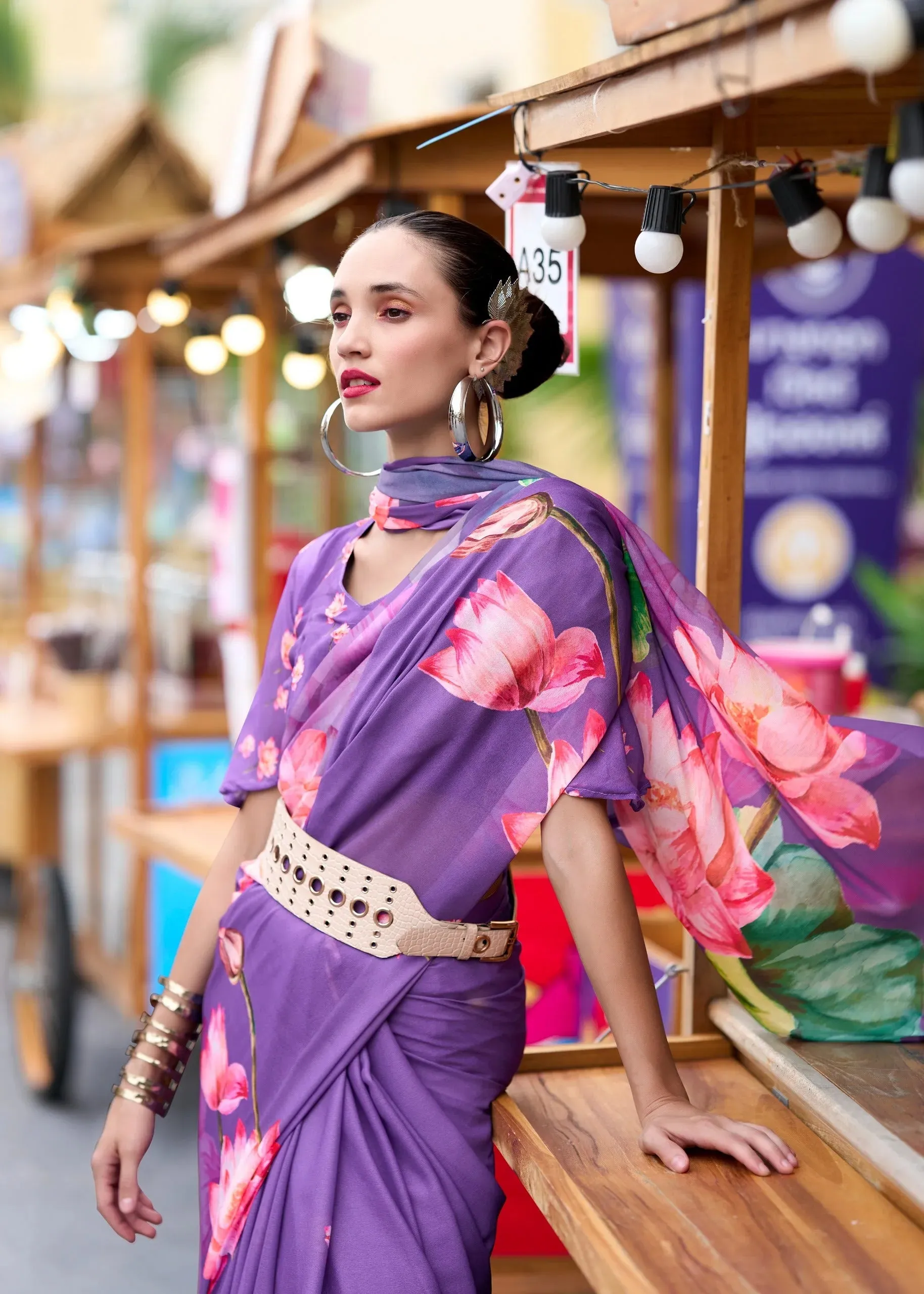 Luxurious and Blazing Lavender Pure Georgette Printed Saree