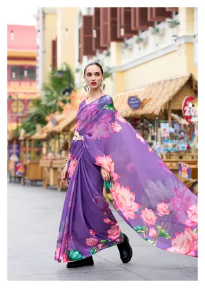 Luxurious and Blazing Lavender Pure Georgette Printed Saree