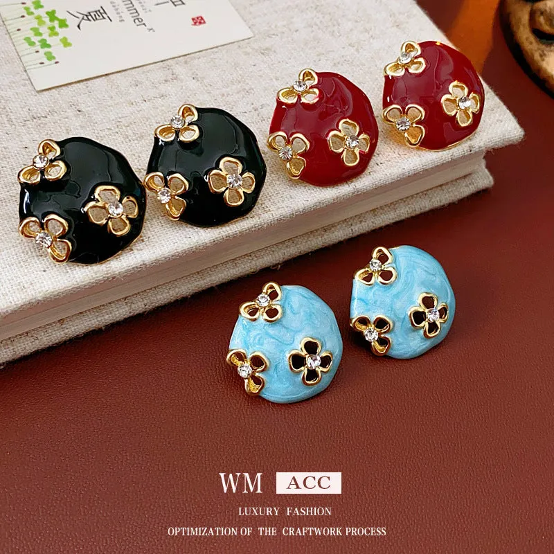Luxurious Round Geometric Flower Alloy Oil Dripping Earrings