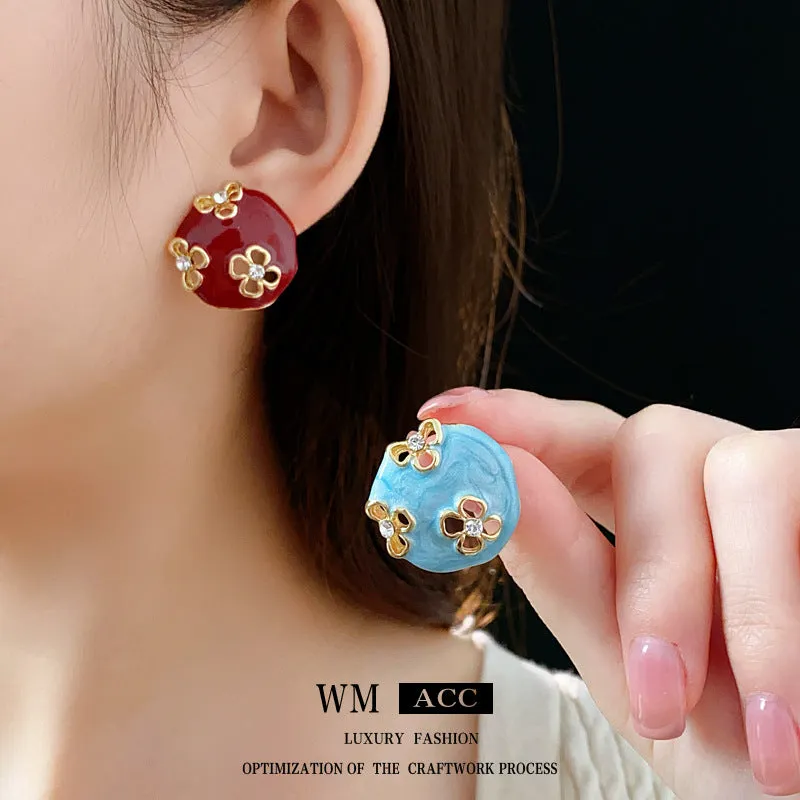 Luxurious Round Geometric Flower Alloy Oil Dripping Earrings
