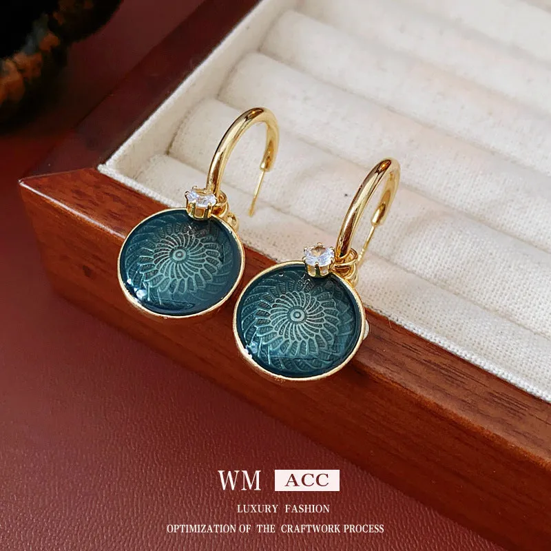 Luxurious Round Geometric Flower Copper Oil Dripping Earrings