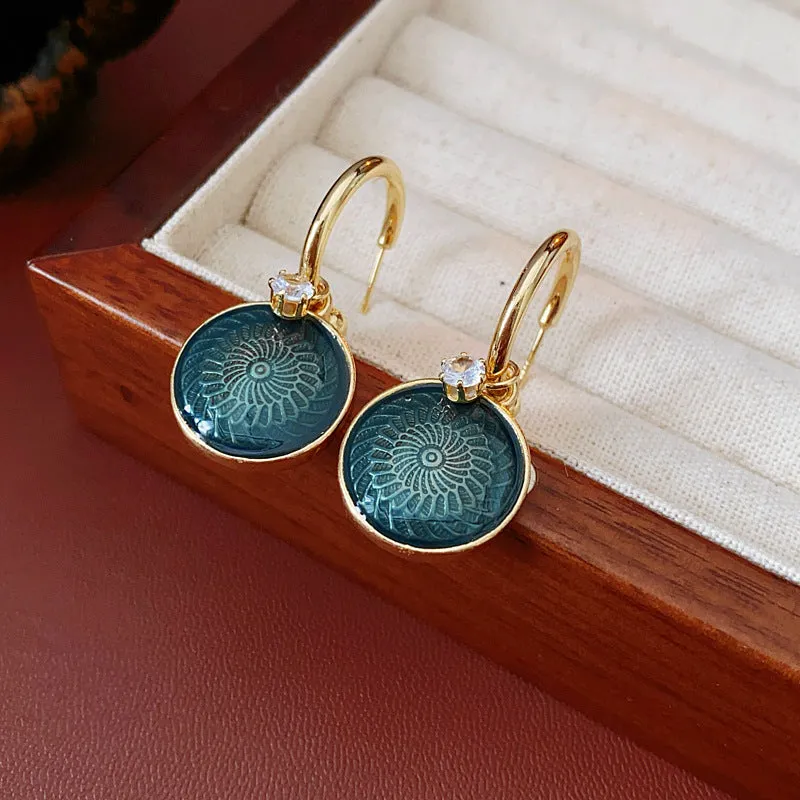 Luxurious Round Geometric Flower Copper Oil Dripping Earrings