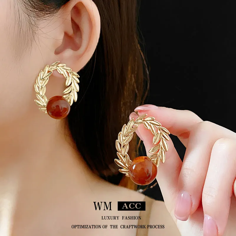 Luxurious Wheat Geometric Flower Metal Electroplating Earrings