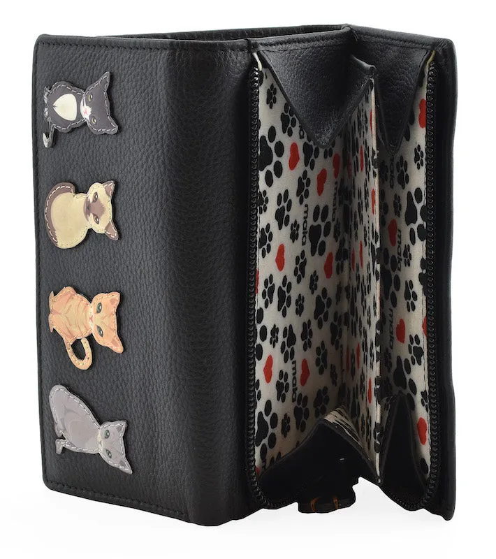 Mala Leather Best Friends Sitting Cats Tri Fold Purse Black
