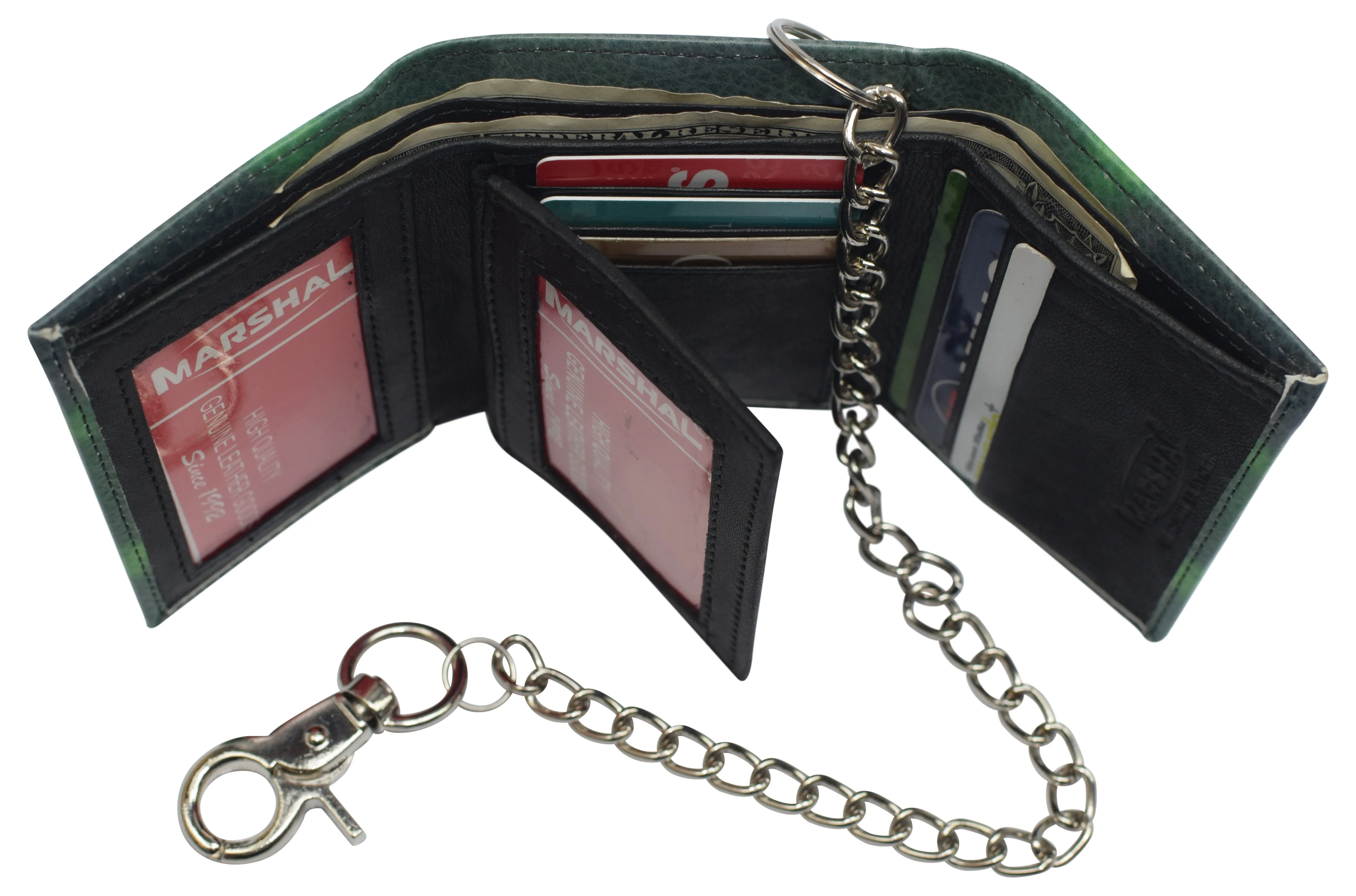 Mens Chain Biker Genuine Leather Classic Trifold Logo Wallets