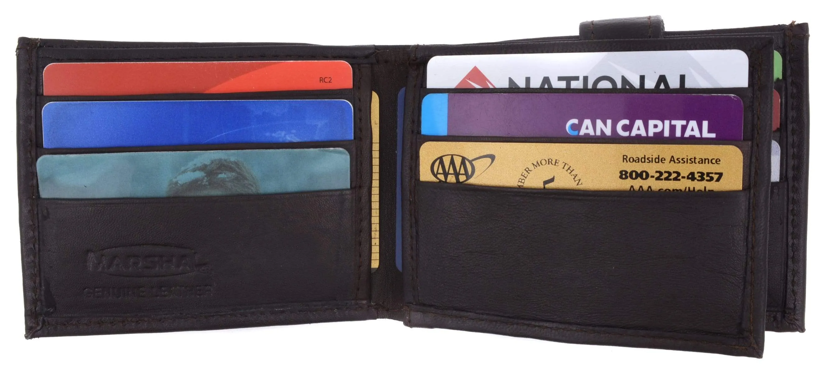 Mens Genuine Leather Wallet Euro Traveler Style with Center Flip ID Window 2152