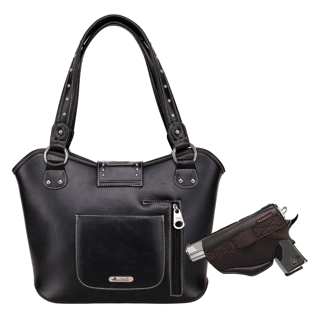 Montana West Concealed Carry Western Tooled Leather Purse - Black