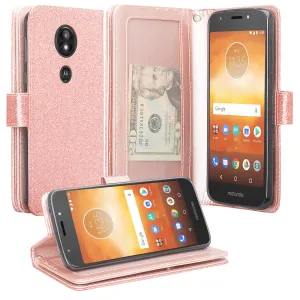 Motorola Moto E5 Plus , e5 Supra Case, [Wrist Strap] Glitter Faux Leather Flip [Kickstand Feature] Protective Wallet Case Cover Clutch - Rose Gold