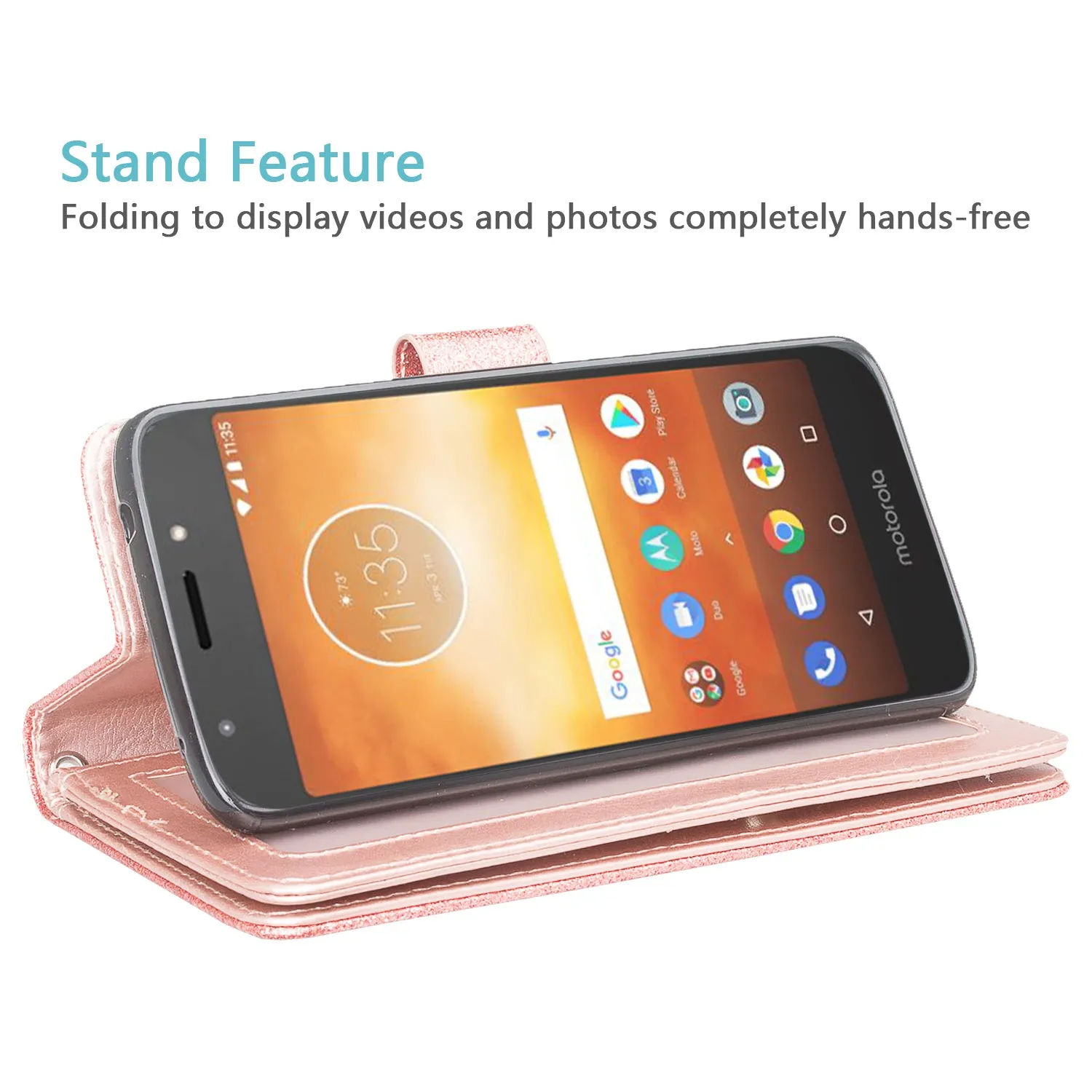 Motorola Moto E5 Plus , e5 Supra Case, [Wrist Strap] Glitter Faux Leather Flip [Kickstand Feature] Protective Wallet Case Cover Clutch - Rose Gold