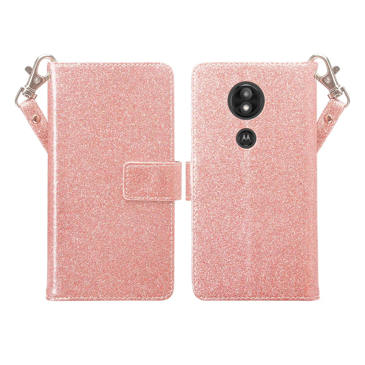 Motorola Moto E5 Plus , e5 Supra Case, [Wrist Strap] Glitter Faux Leather Flip [Kickstand Feature] Protective Wallet Case Cover Clutch - Rose Gold