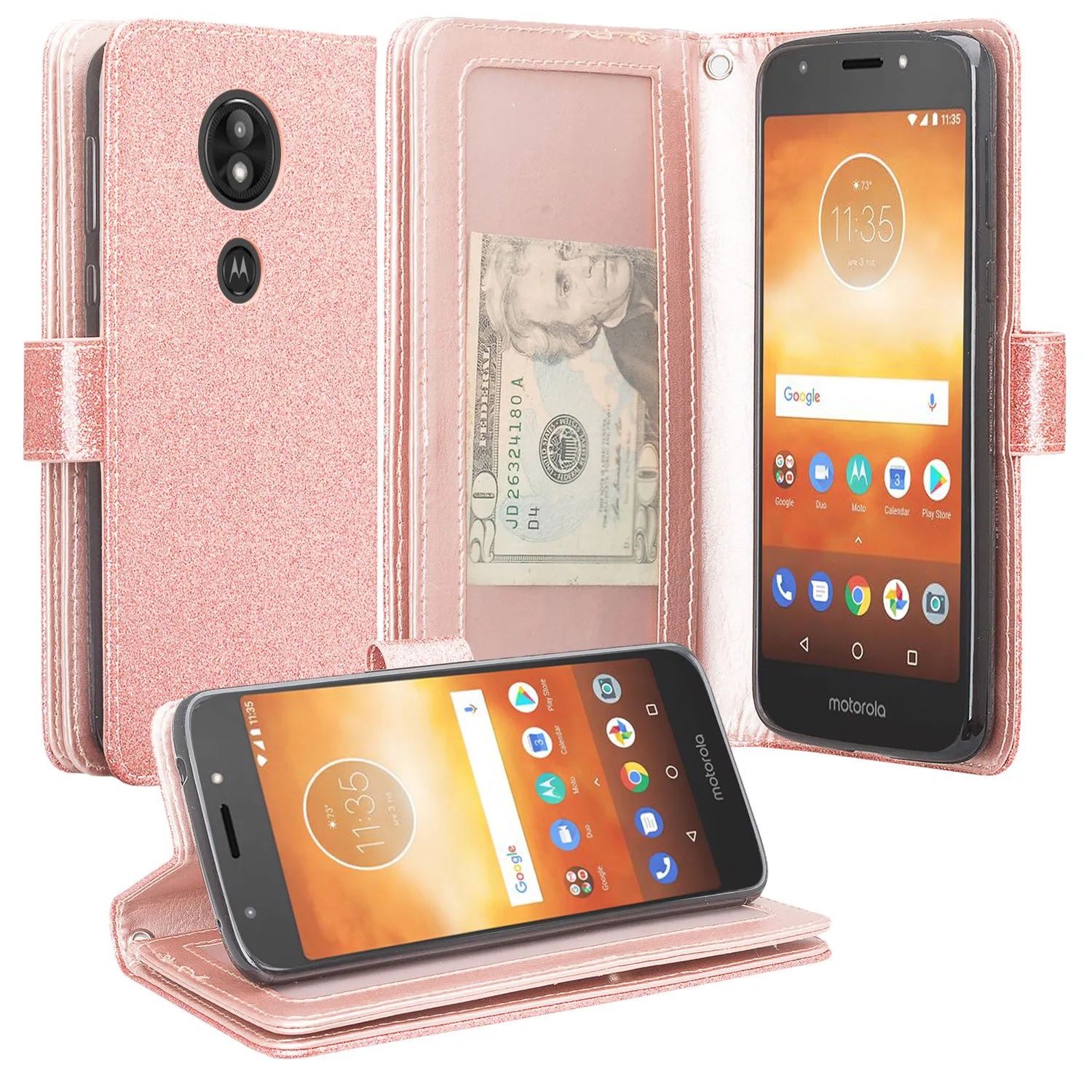 Motorola Moto E5 Plus , e5 Supra Case, [Wrist Strap] Glitter Faux Leather Flip [Kickstand Feature] Protective Wallet Case Cover Clutch - Rose Gold