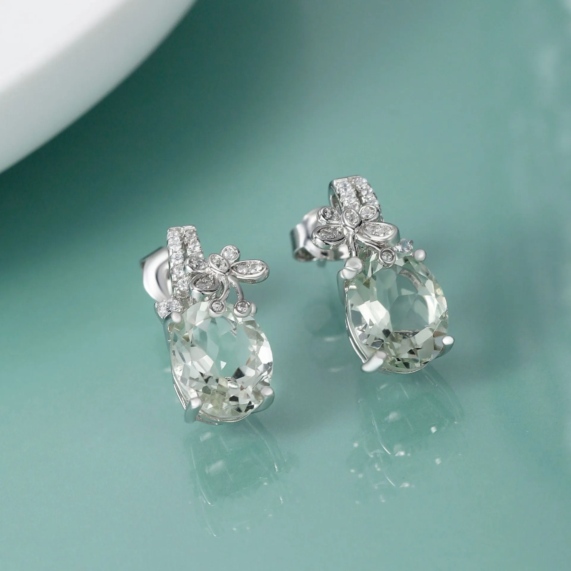 Natural Cyan Crystal Oval Shape with Butterfly Silver Studs for Women