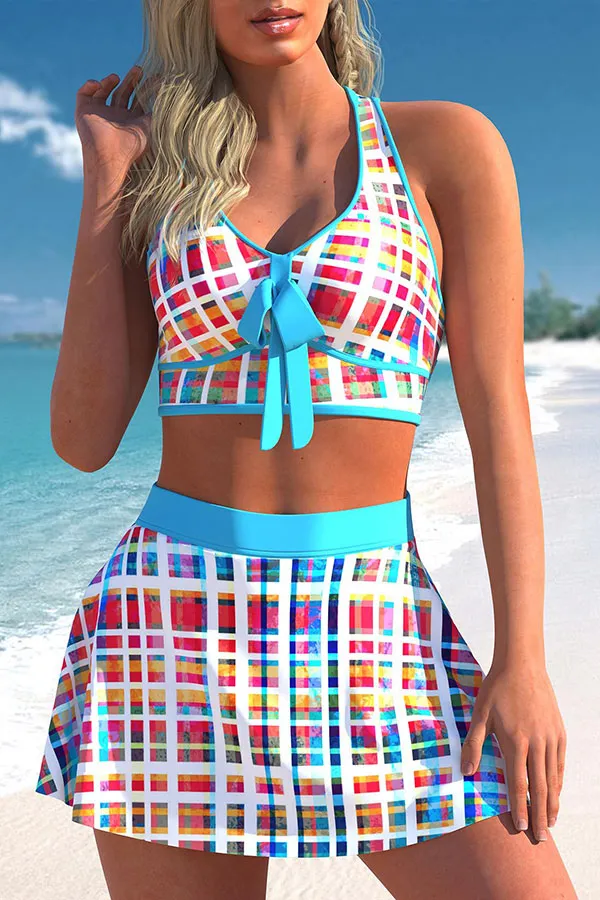 Patchwork Striped Cross Back Striking Bikini & Skirt