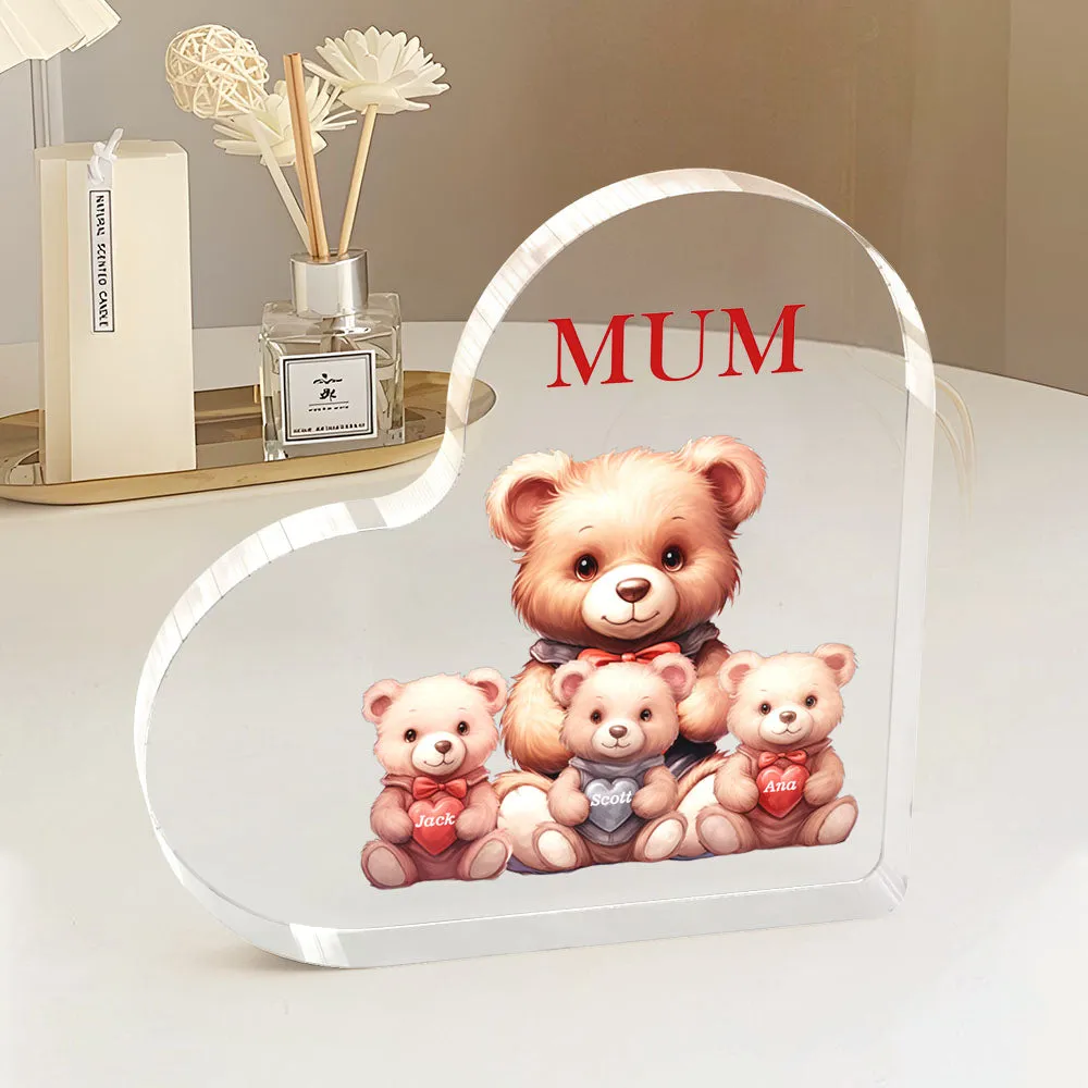 Personalised Name Heart Shaped Acrylic Plaque Keepsake Mother's Day Gifts Bear Family Together