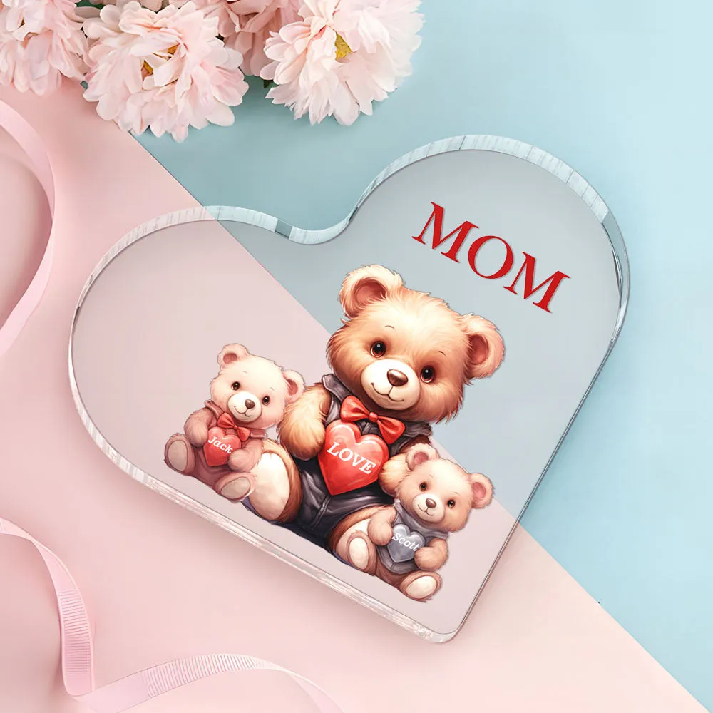 Personalised Name Heart Shaped Acrylic Plaque Keepsake Mother's Day Gifts Bear Family Together