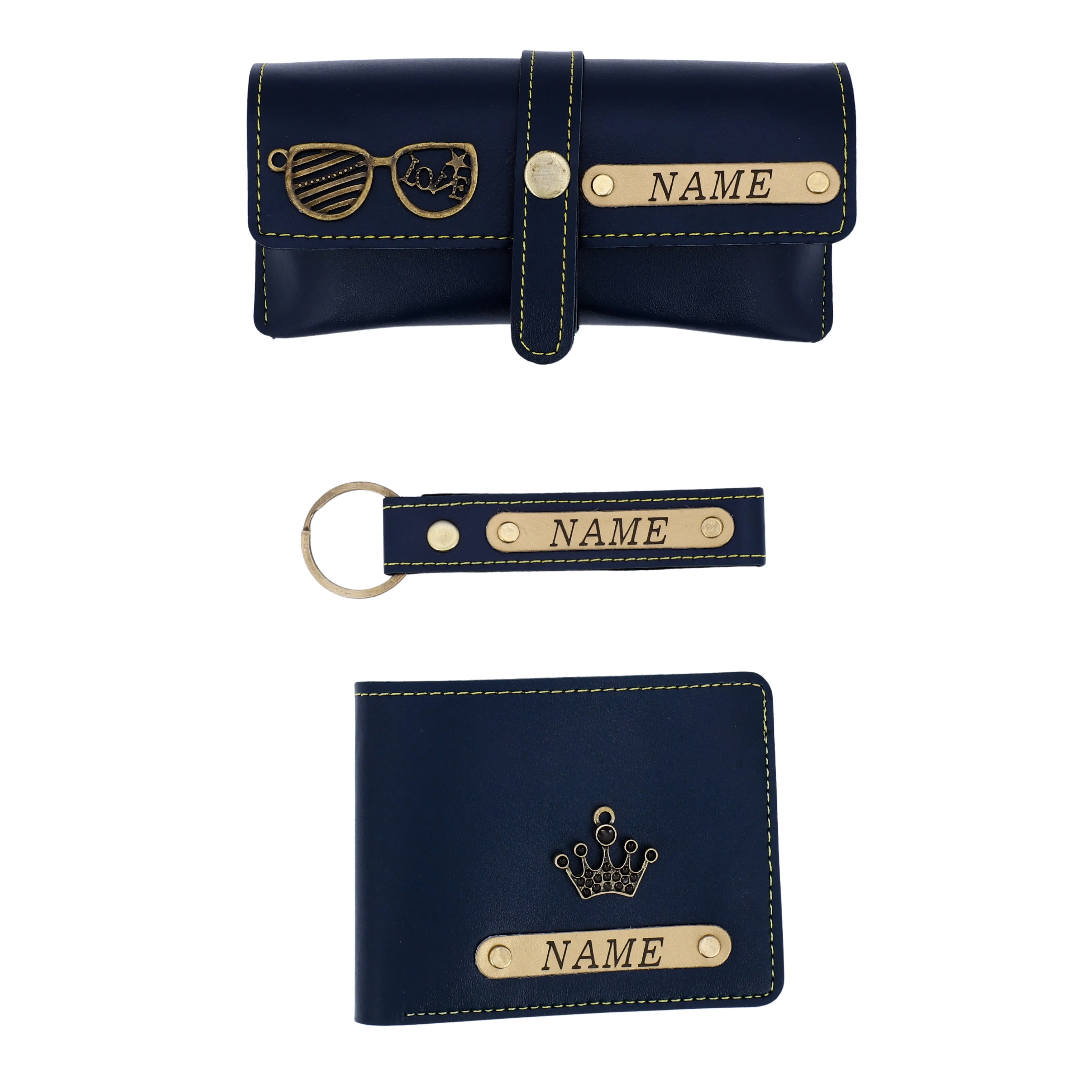 Personalized Wallet, Keychain And Sunglasses Cover Combo | Blue Color
