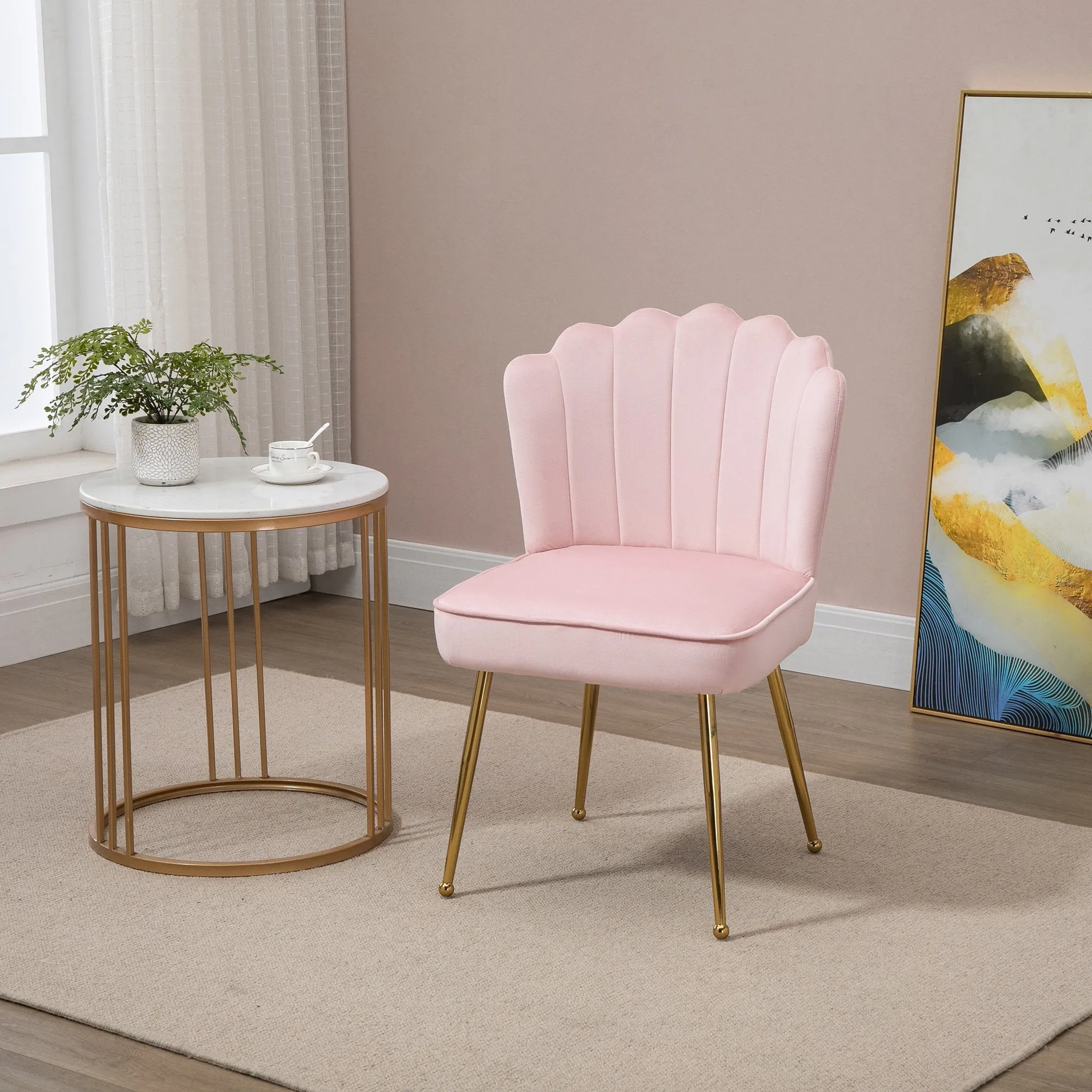Pink Velvet-Touch Vanity Chair Makeup Chair with Golden Metal Legs for Living Room & Dining Room