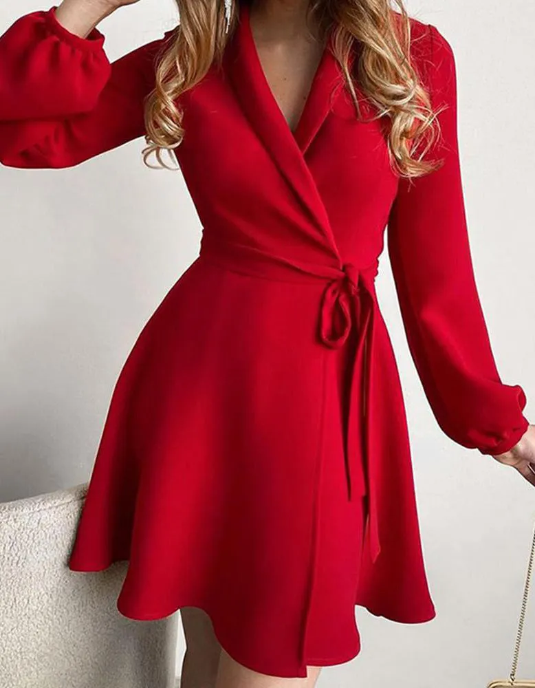 Plain Printed POLO Collar Belted Ruffle Short Dresses