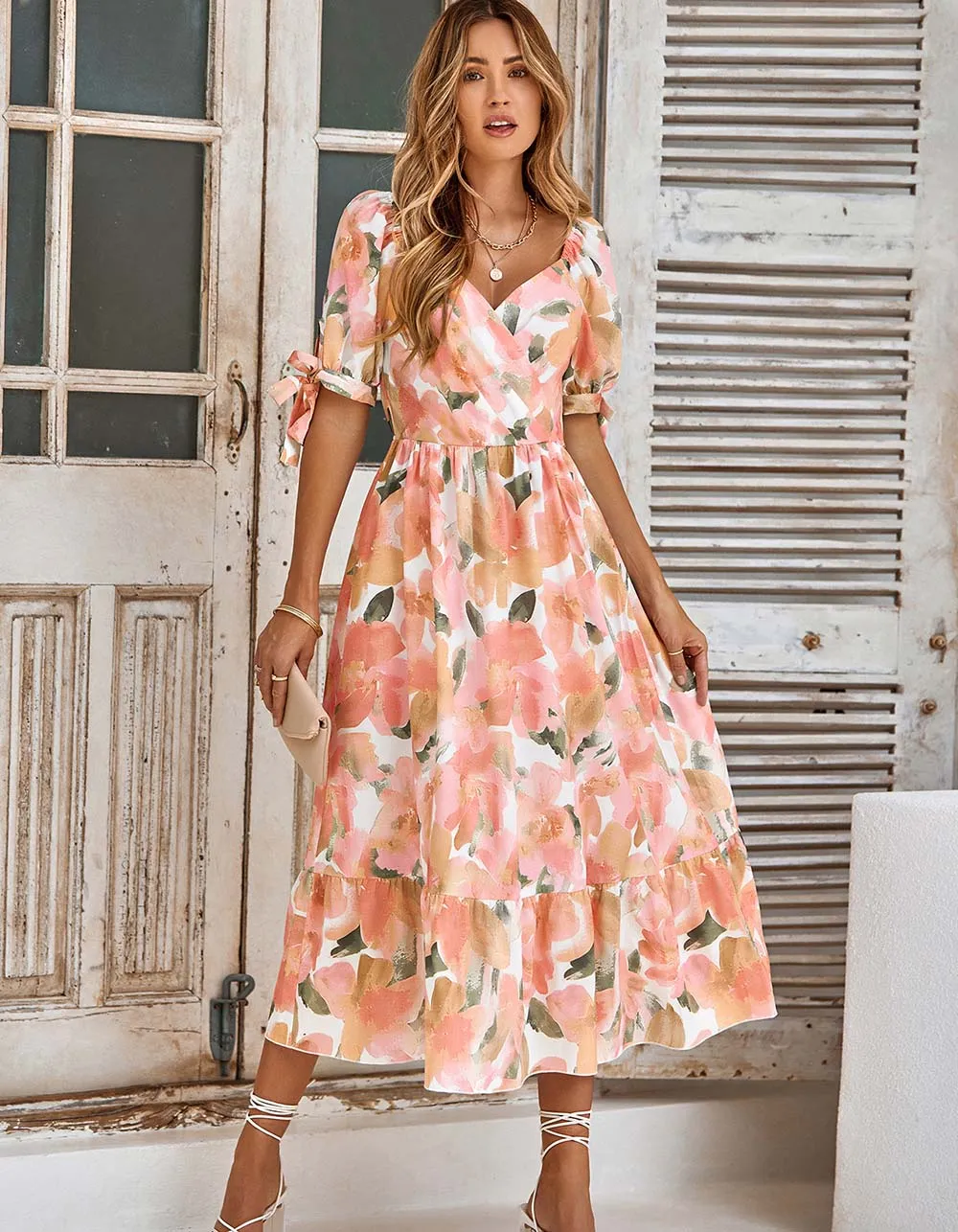 Puff Sleeve V Neck Plants Floral Print Long A Line Dresses